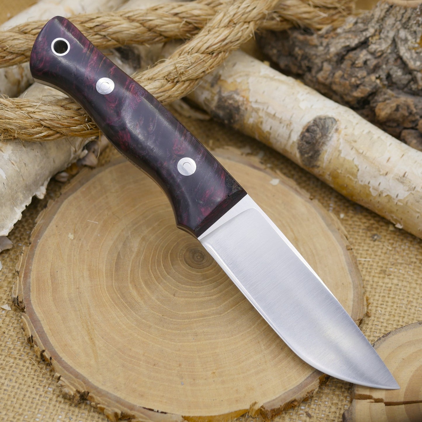 Huntsman: Burgundy Maple Burl, Burgundy Canvas Micarta Liners