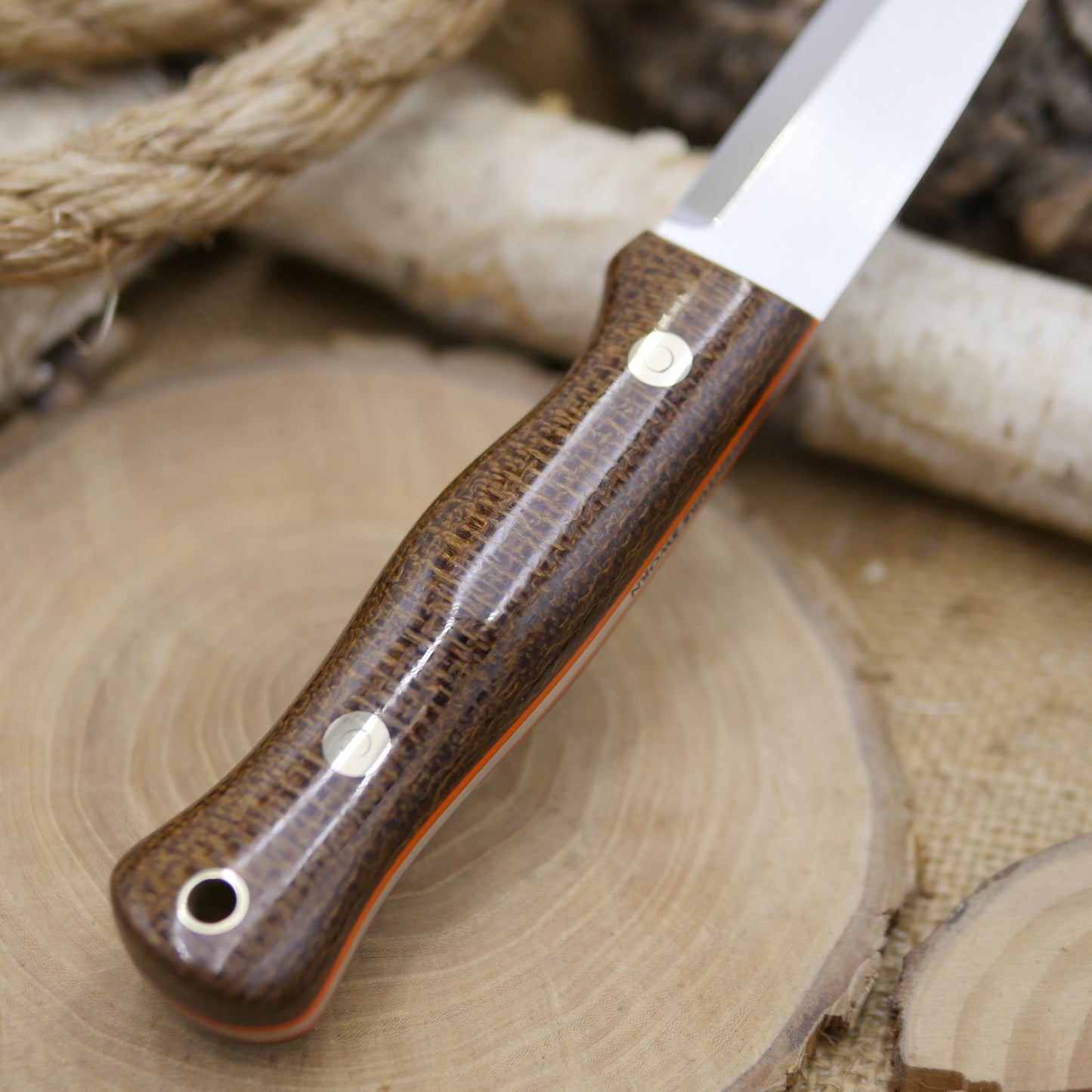 Mountaineer: Dark Brown Burlap Micarta, Orange G10 Liners