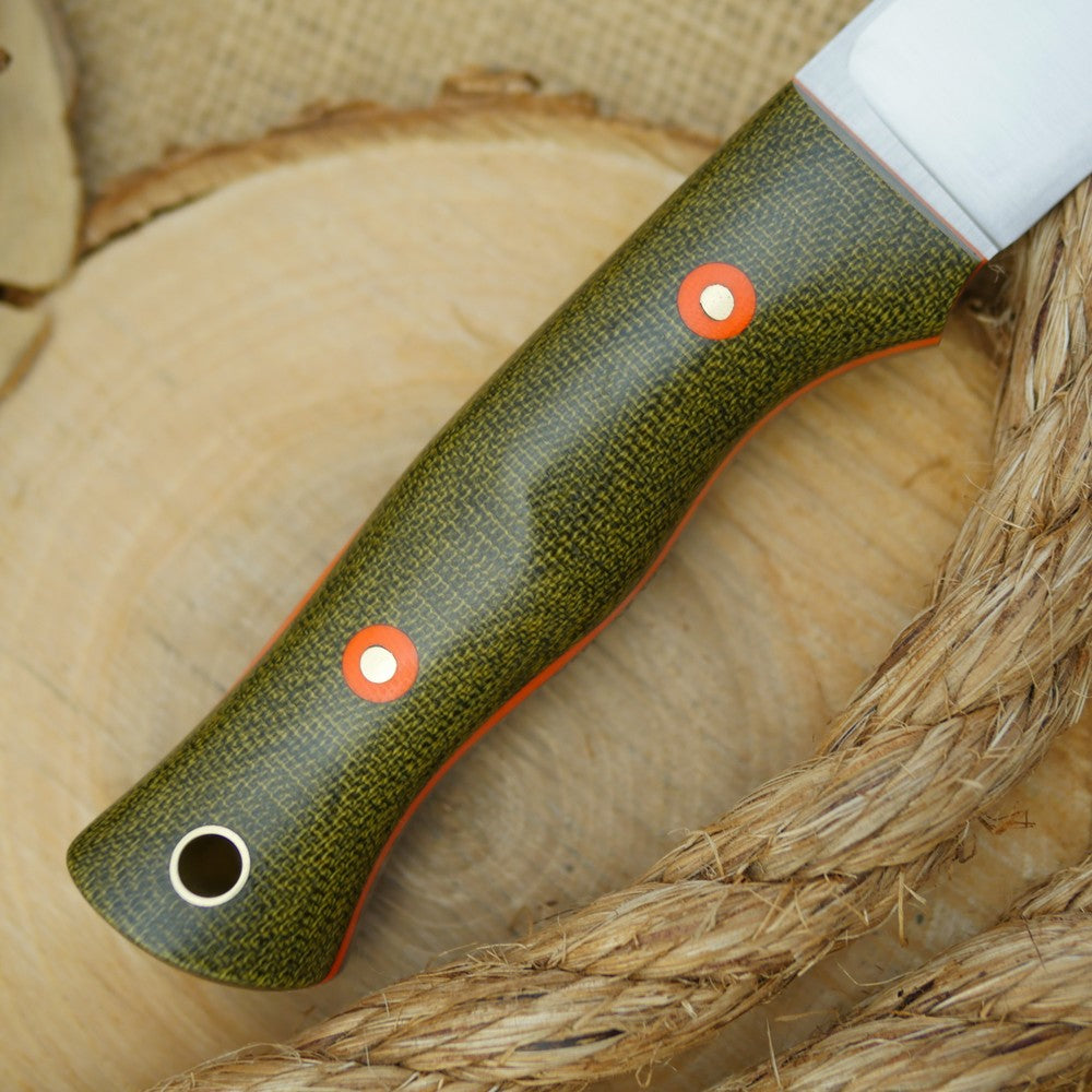 Huntsman: Green Canvas Micarta, Orange Liners & Orange G10 Bolts - Adventure Sworn Bushcraft Co.