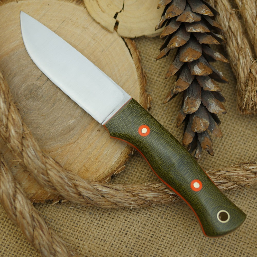 Huntsman: Green Canvas Micarta, Orange Liners & Orange G10 Bolts - Adventure Sworn Bushcraft Co.
