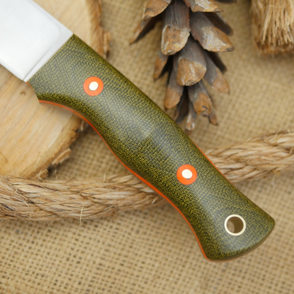Huntsman: Green Canvas Micarta, Orange Liners & Orange G10 Bolts - Adventure Sworn Bushcraft Co.