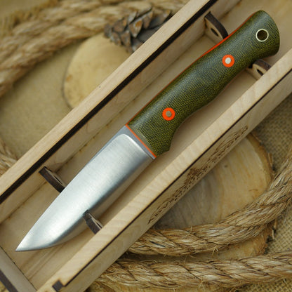 Huntsman: Green Canvas Micarta, Orange Liners & Orange G10 Bolts - Adventure Sworn Bushcraft Co.