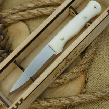 CPM 154 Mountaineer: Bone Corian, Red & Mosaic Tubing - Adventure Sworn Bushcraft Co.