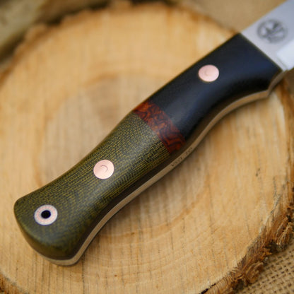 Mountaineer: Green Canvas Micarta, Black Canvas Bolster & Ironwood Burl
