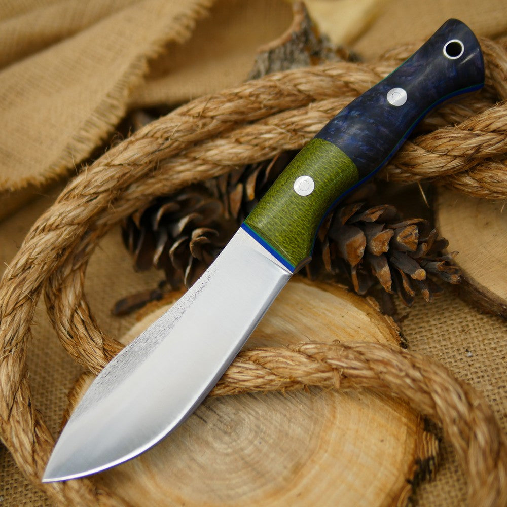 Guide: CPM 3V, Blue Box Elder Burl & Emerald Green Bolster - Adventure Sworn Bushcraft Co.