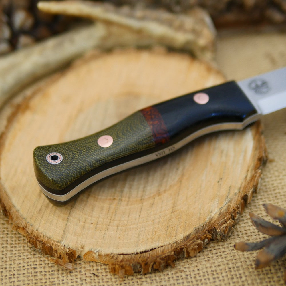 Mountaineer: Green Canvas Micarta, Black Canvas Bolster & Ironwood Burl