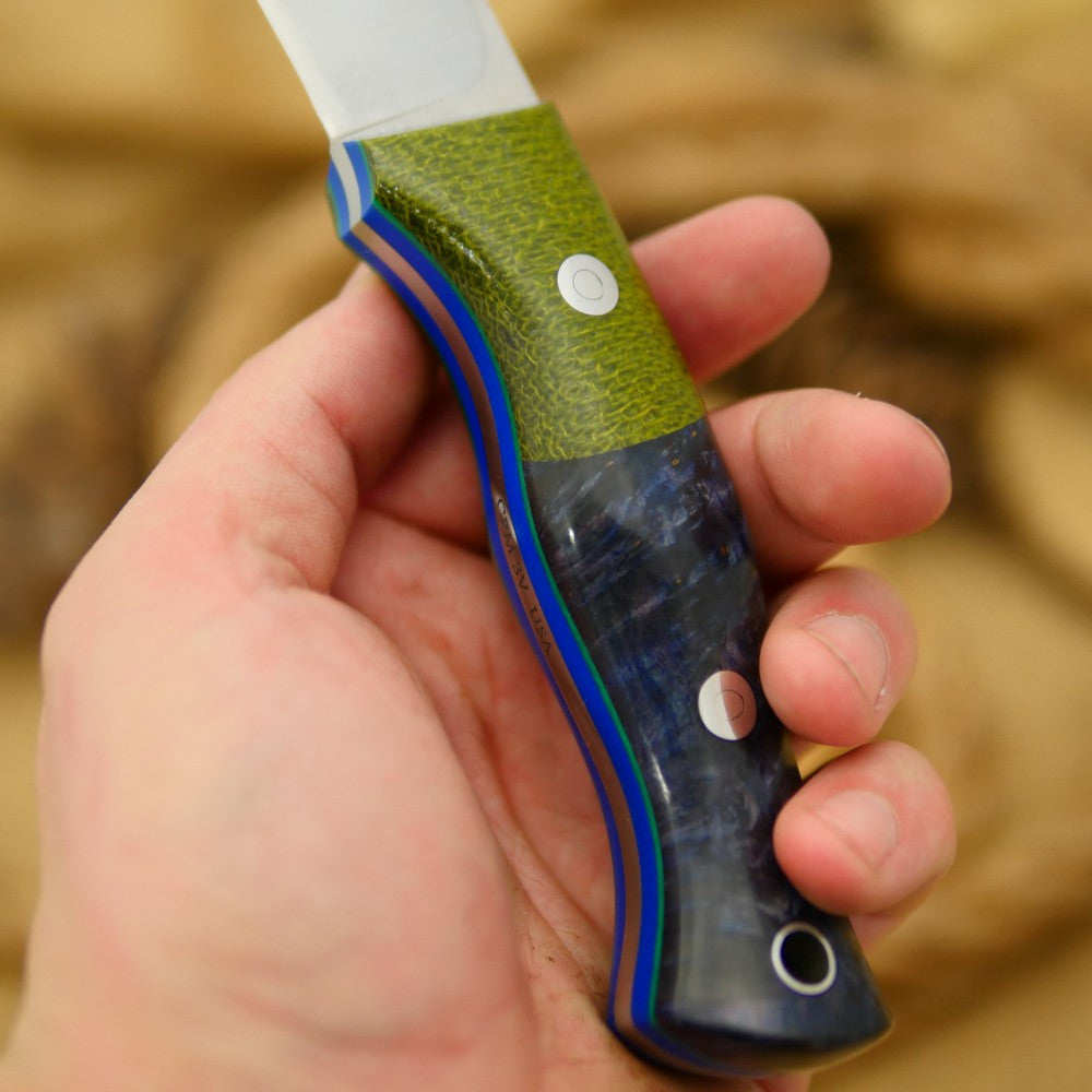 Guide: CPM 3V, Blue Box Elder Burl & Emerald Green Bolster - Adventure Sworn Bushcraft Co.