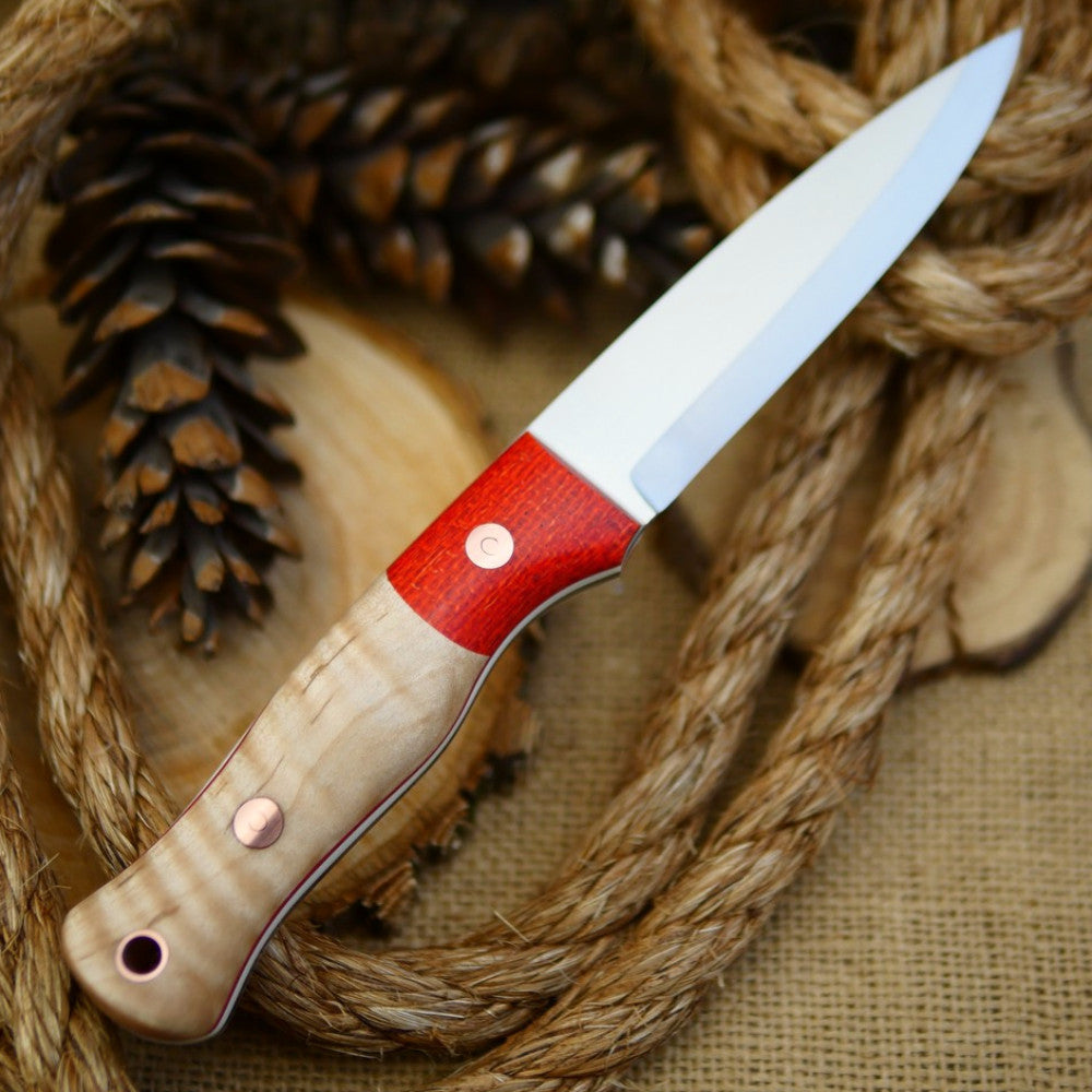 Mountaineer: CPM 3V, Curly Maple & Tangerine Burlap