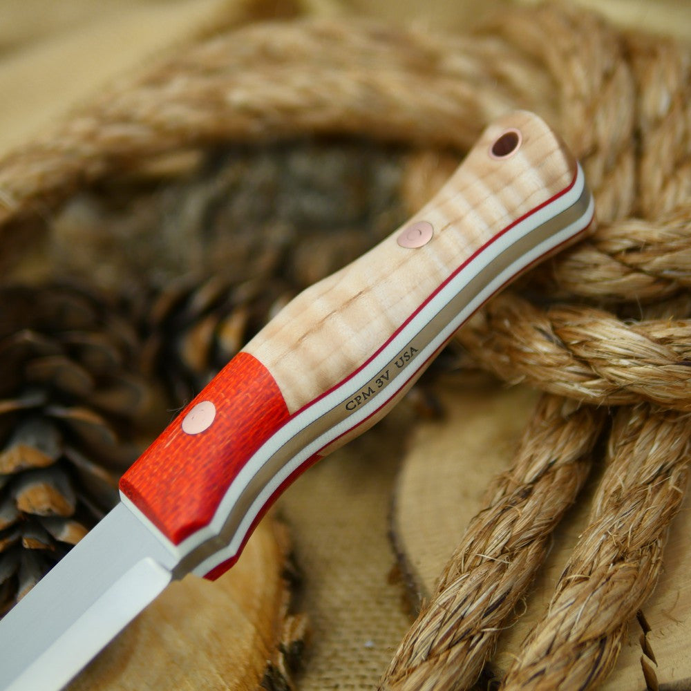 Mountaineer: CPM 3V, Curly Maple & Tangerine Burlap