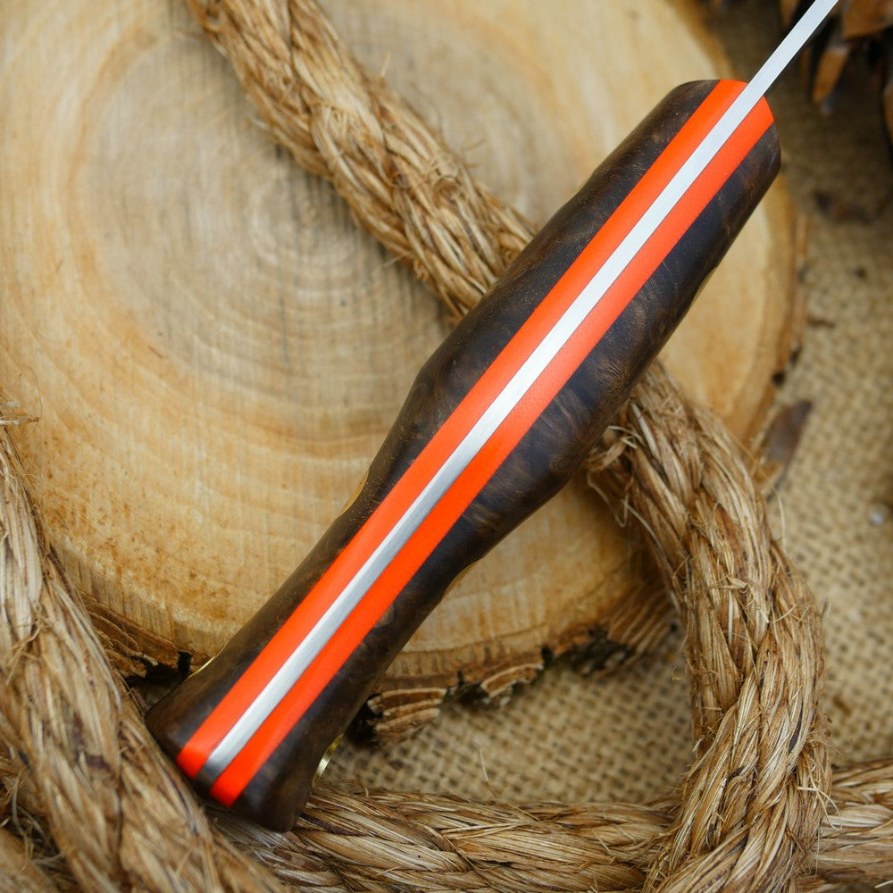 A Voyageur bushcraft knife with stabilized maple burl and hunter orange g10 liners.