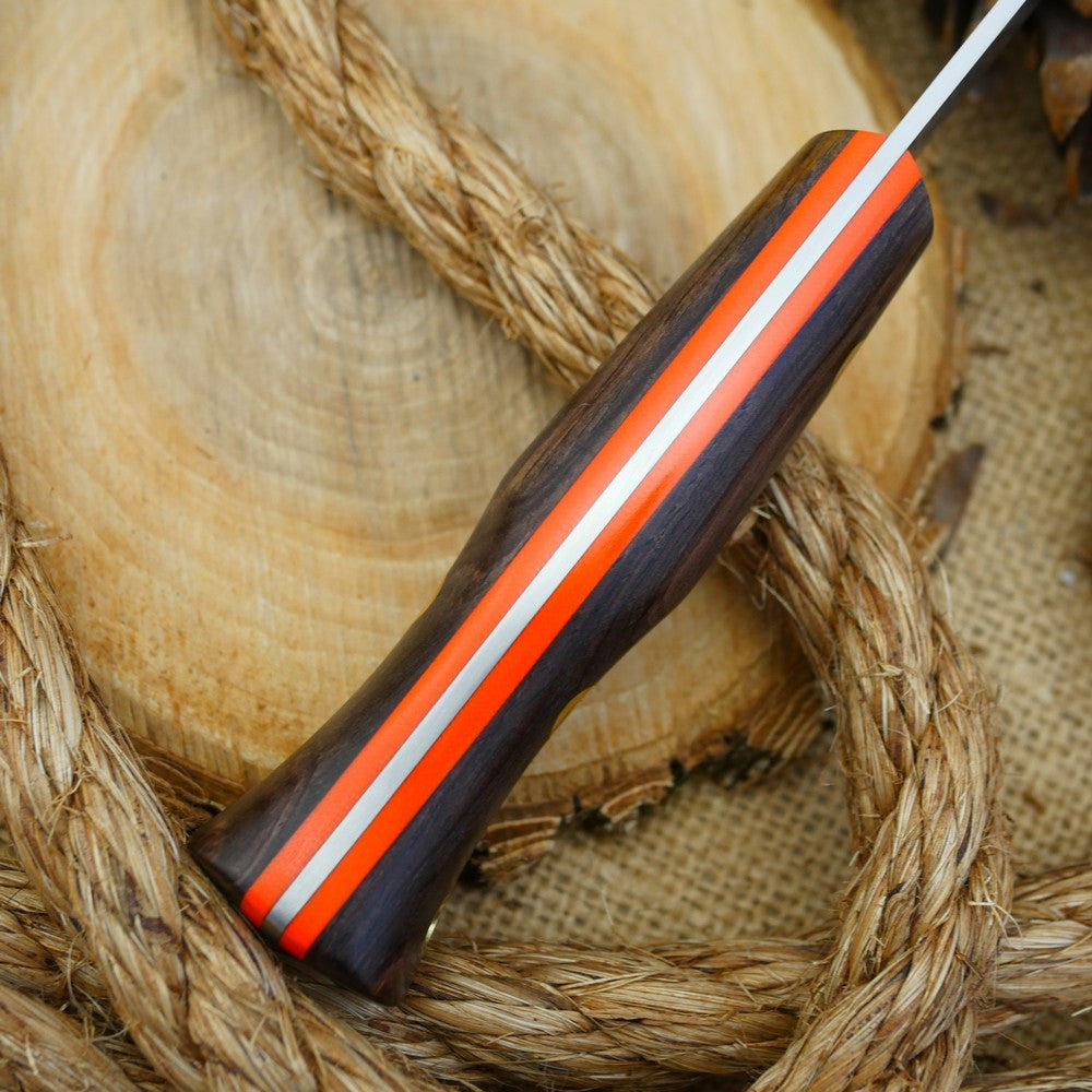 A Voyageur bushcraft knife with cocobolo handle scales and hunter orange g10 liners