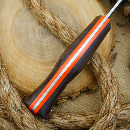 A Voyageur bushcraft knife with cocobolo handle scales and hunter orange g10 liners