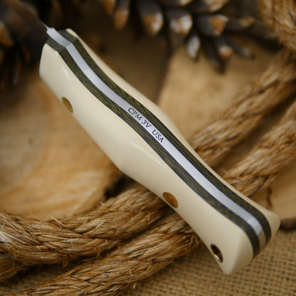 Mountaineer 3V: Ivory Paper & Green Canvas Micarta